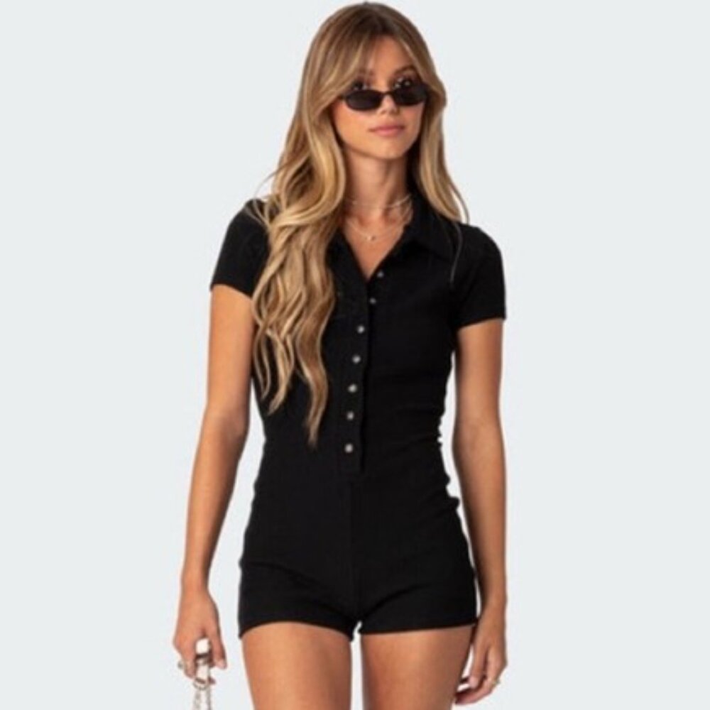 Edikted Lucia Ribbed Black Fitted Romper, size M, NWOT